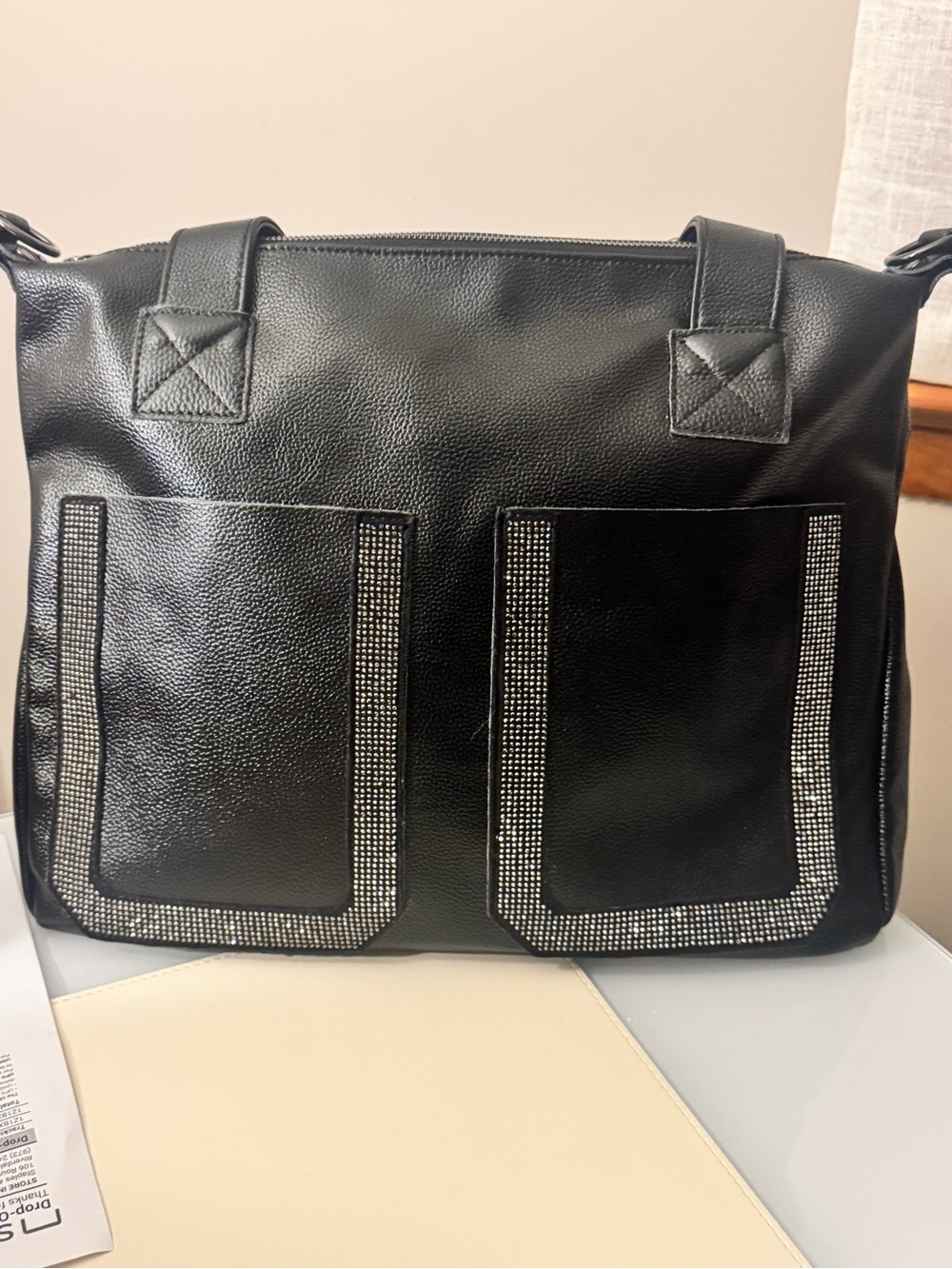 Black gorgeous high quality vegan leather Rhinestone large Tote Bag